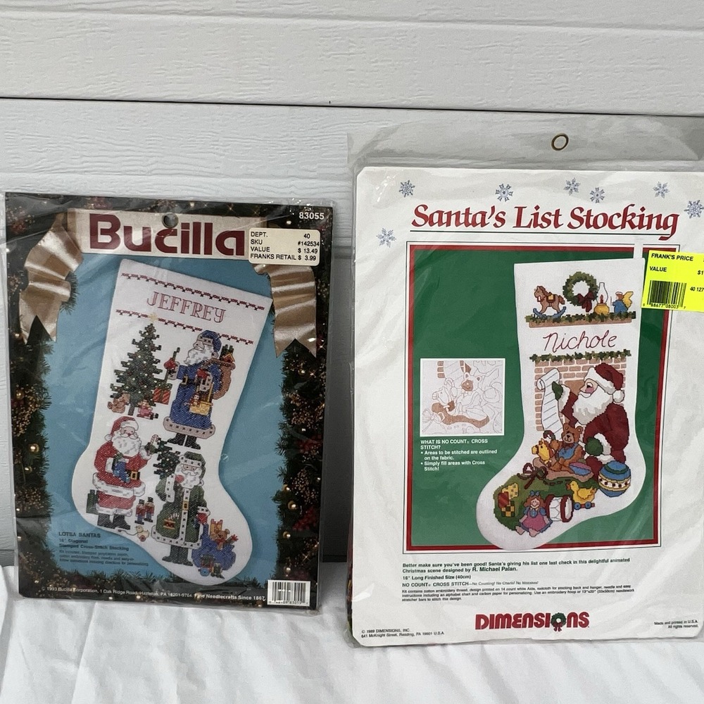2 Cross Stitch Christmas Stocking Kits Bucilla 83055 Santa Dimensions 8381 NOS